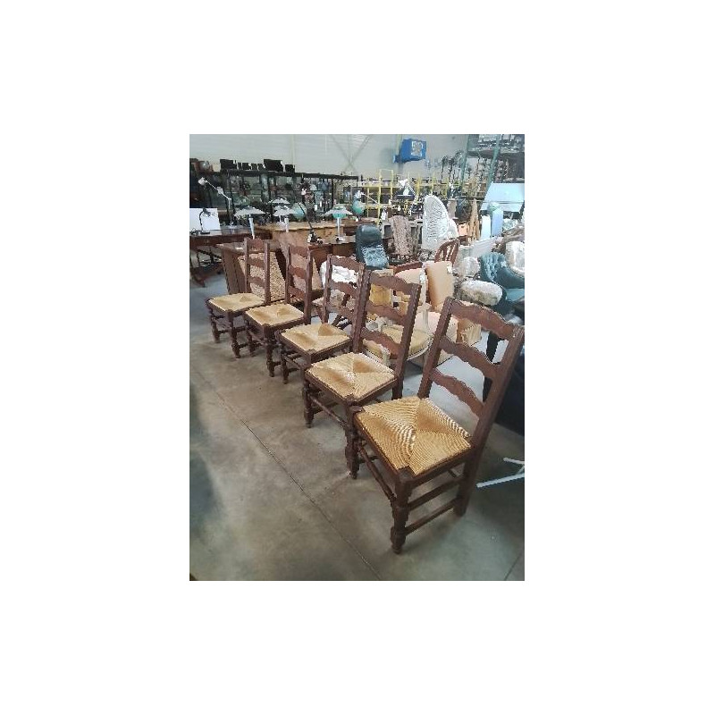 5 CHAISES BOIS PAILLÉ DOSSIER 3 BARREAUX CHANTOURNÉ 