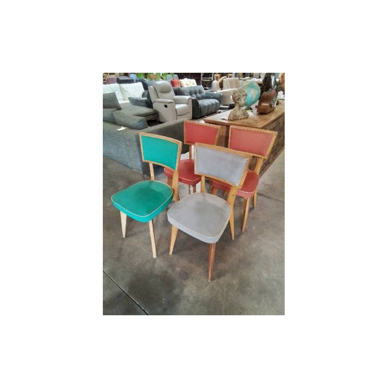 4 CHAISES ANNÉES 50 MONOBLOC PIÈTEMENT BOIS CLAIR ASSISE ET DOSSIER SKAÏ VERT GRIS ROUGE 