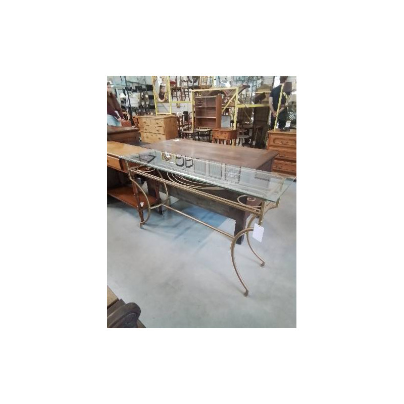 CONSOLE RECTANGULAIRE FER FORGÉ DORÉ PLATEAU VERRE