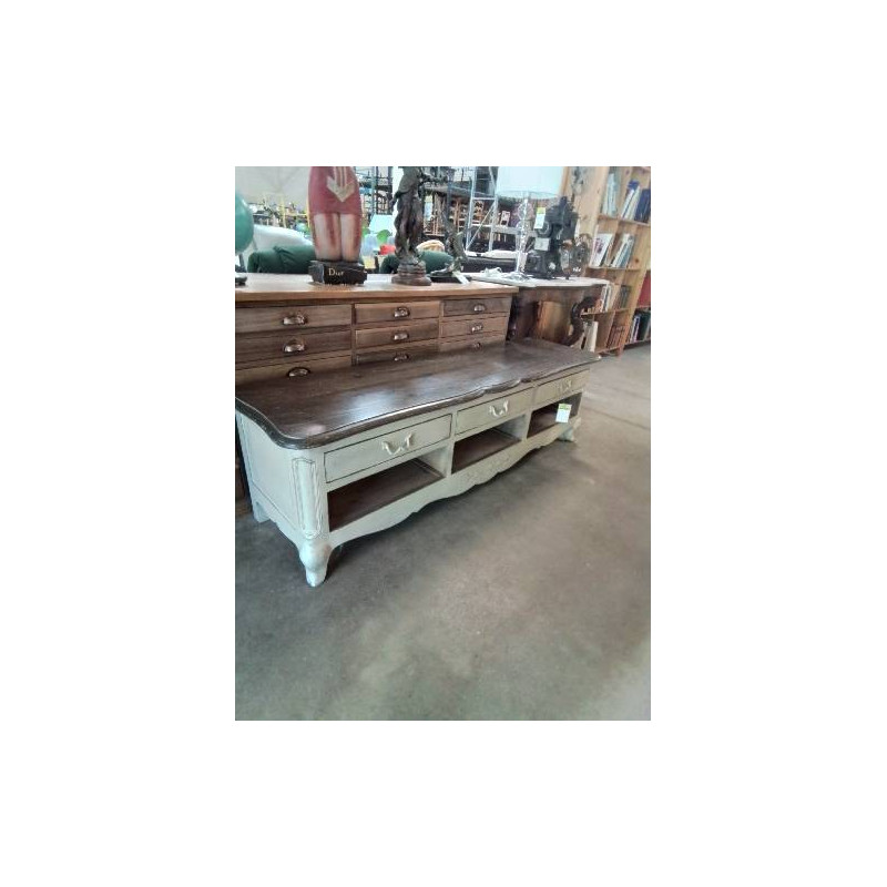 MEUBLE TV BAS BOIS 3 TIROIRS 3 NICHES COUNTRY CORNER PAR INTERIOR’S 