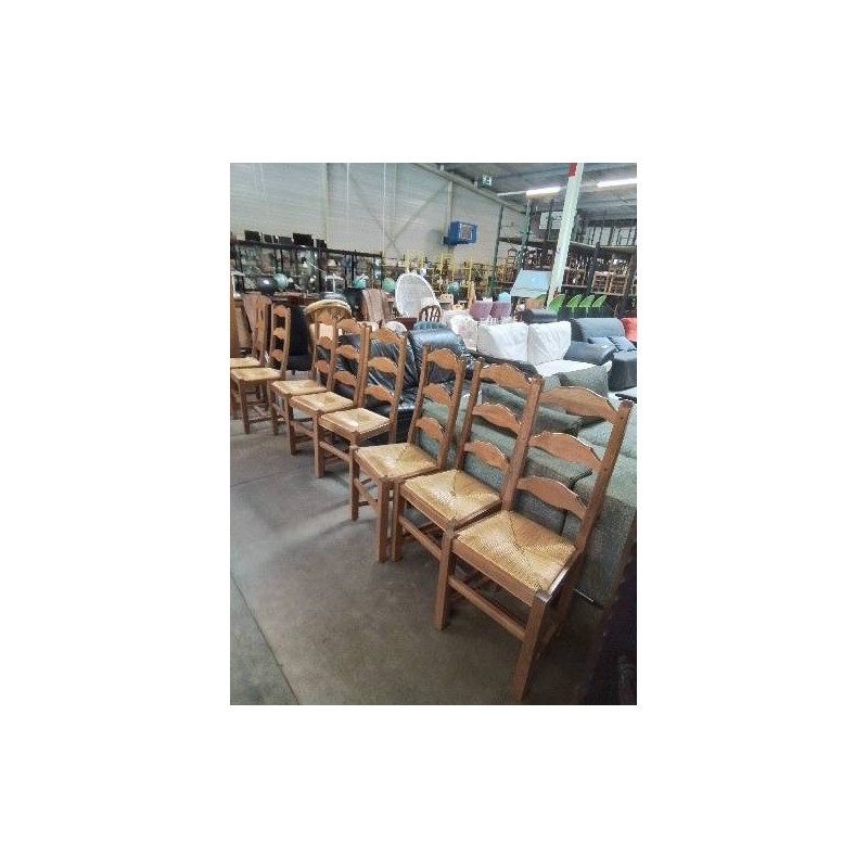 8 CHAISES A ENTRETOISE CHÊNE CLAIR PAILLÉ DOSSIER 3 BARREAUX CHANTOURNÉ 