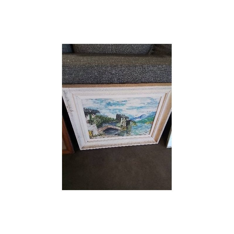 HUILE SUR TOILE VILLAGE EN BORD DE LAC CADRE ANNÉES 50