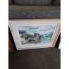 HUILE SUR TOILE VILLAGE EN BORD DE LAC CADRE ANNÉES 50