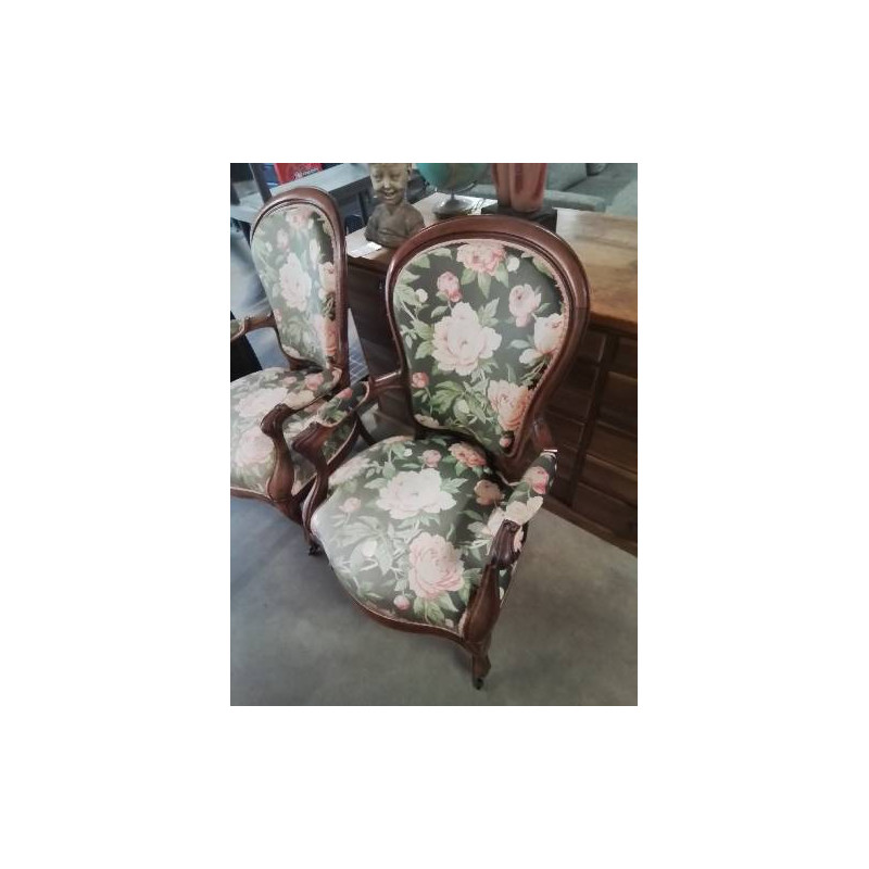 FAUTEUIL ACAJOU CAPITONNÉ TISSU VERT DÉCOR AUX ROSE NAPOLÉON III 