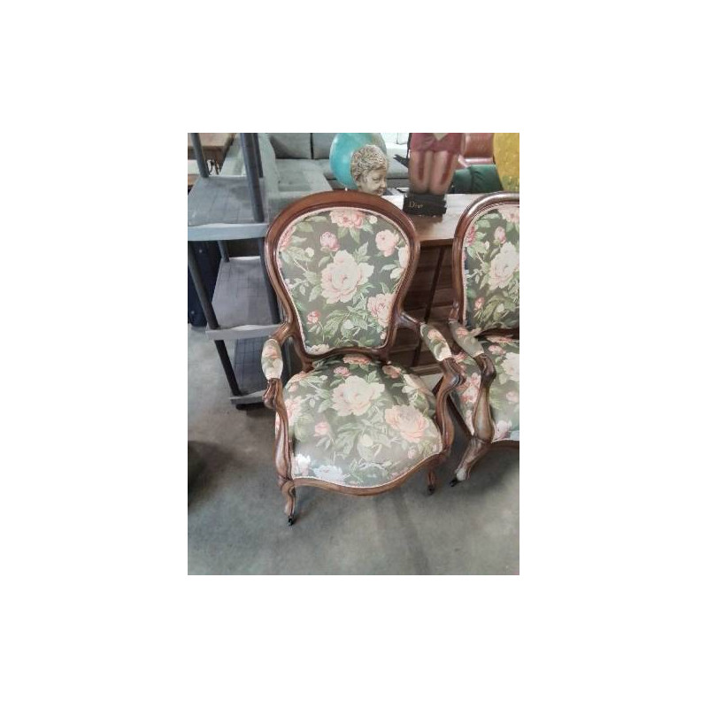 FAUTEUIL ACAJOU CAPITONNÉ TISSU DÉCOR AUX ROSE NAPOLÉON III EN L\'ÉTAT 