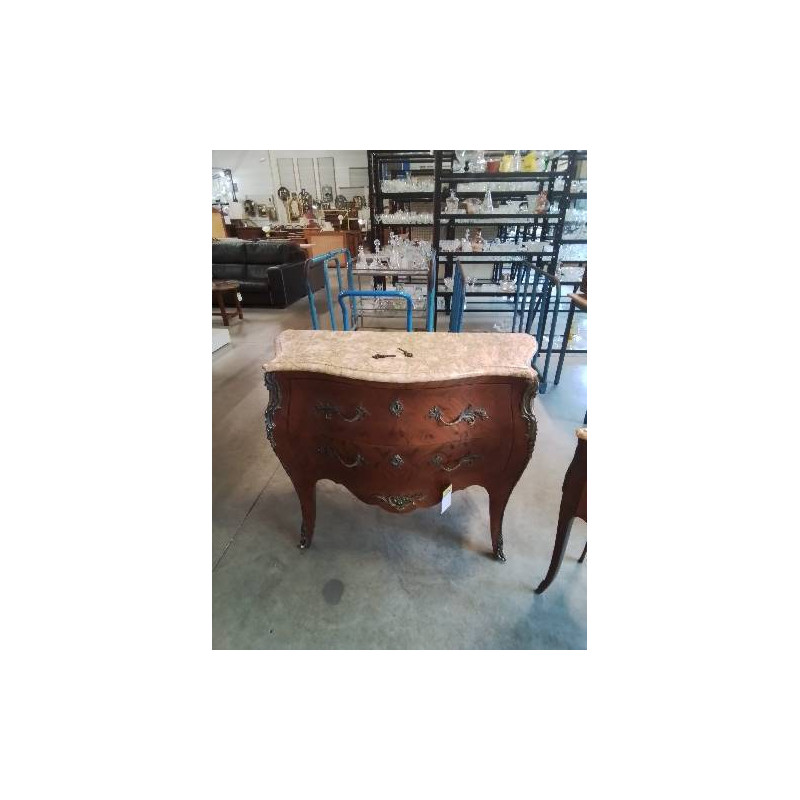 COMMODE GALBÉ BOIS DE ROSE MARQUETÉ GARNITURES BRONZE 2 TIROIRS DESSUS MARBRE STYLE LOUIS XV 