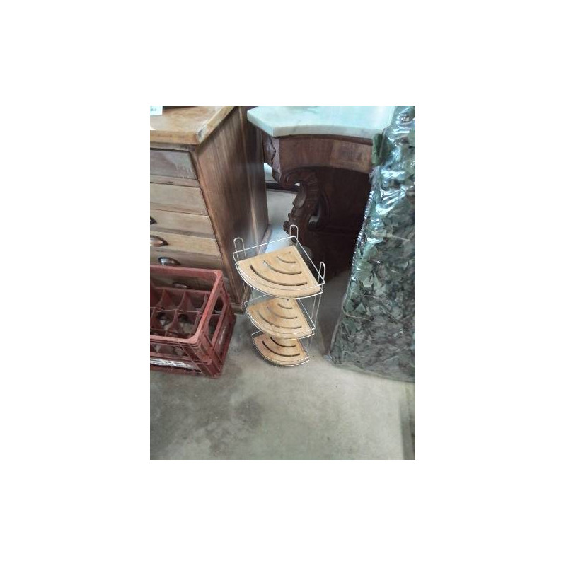 ÉTAGÈRE D’ANGLE MÉTAL CHROMÉ 3 TABLETTES BOIS CLAIR AJOURÉ 