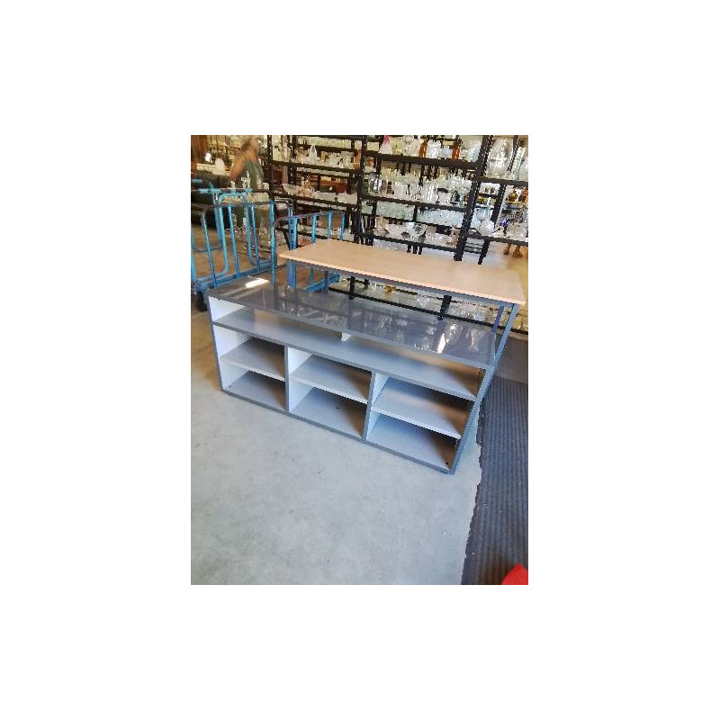 MEUBLE TV BAS BOIS GRIS LAQUÉ 7 NICHES HABITAT 