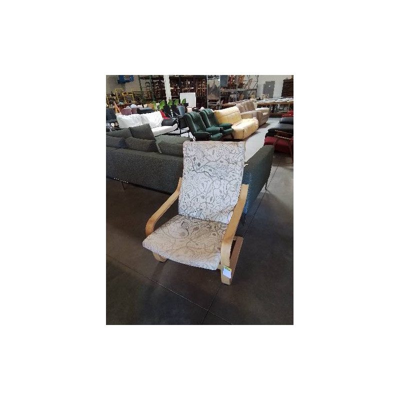 FAUTEUIL BOIS CLAIR TISSU ECRU AUX FEUILLES 