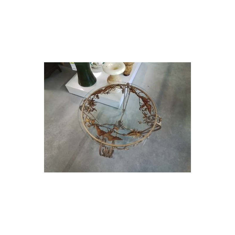TABLE BASSE  RONDE MÉTAL DORÉ PLATEAU VERRE AUX OISEAUX 