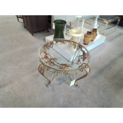 TABLE BASSE  RONDE MÉTAL DORÉ PLATEAU VERRE AUX OISEAUX 