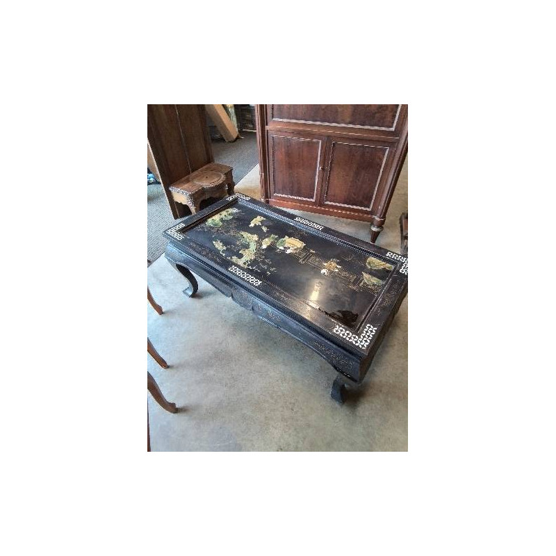 TABLE BASSE RECTANGULAIRE BOIS NOIR LAQUÉ ET NACRE STYLE ASIATIQUE 