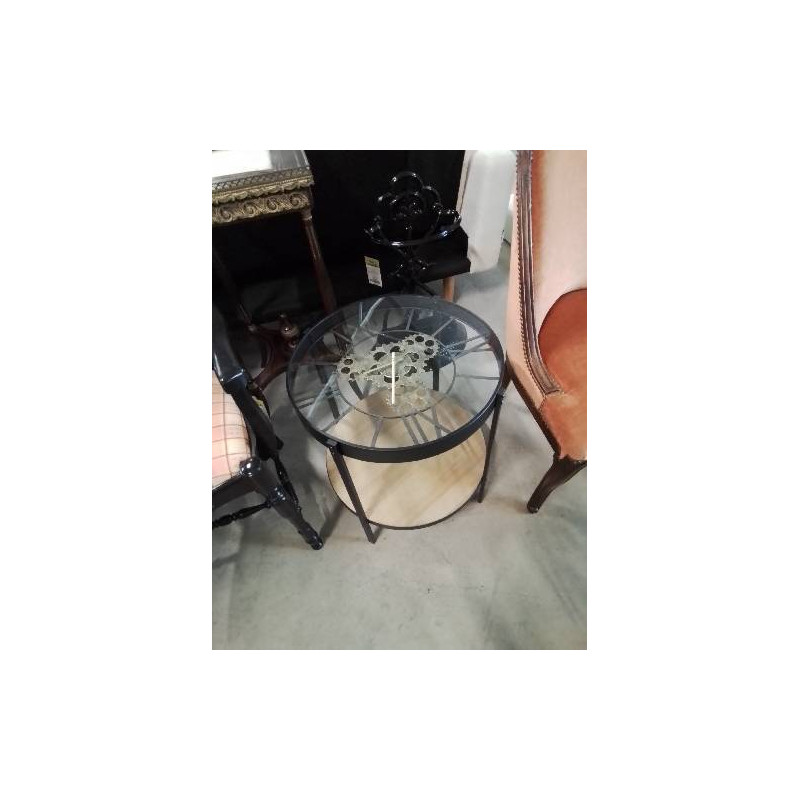 TABLE BASSE HORLOGE BOIS CLAIR ET MÉTAL NOIR EN L\'ÉTAT 