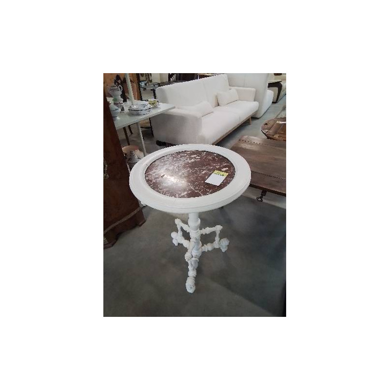 GUERIDON ROND BOIS PEINT BLANC PLATEAU MARBRE ROUGE VEINÉ FIN XIXE
