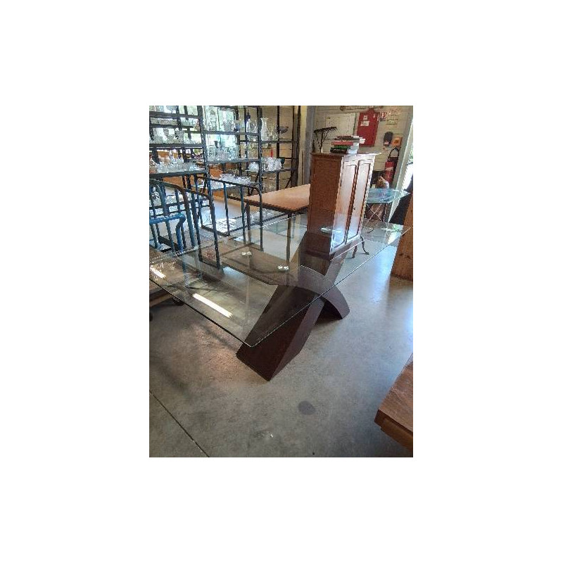 TABLE  RECTANGULAIRE PIÈTEMENT BOIS PLATEAU VERRE 189X90X77CM