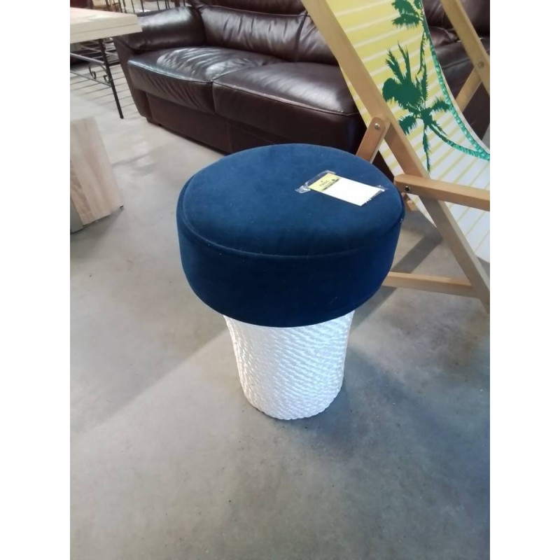 POUF CORDAGE TRESSÉ BLANC ASSISE TISSU BLEU