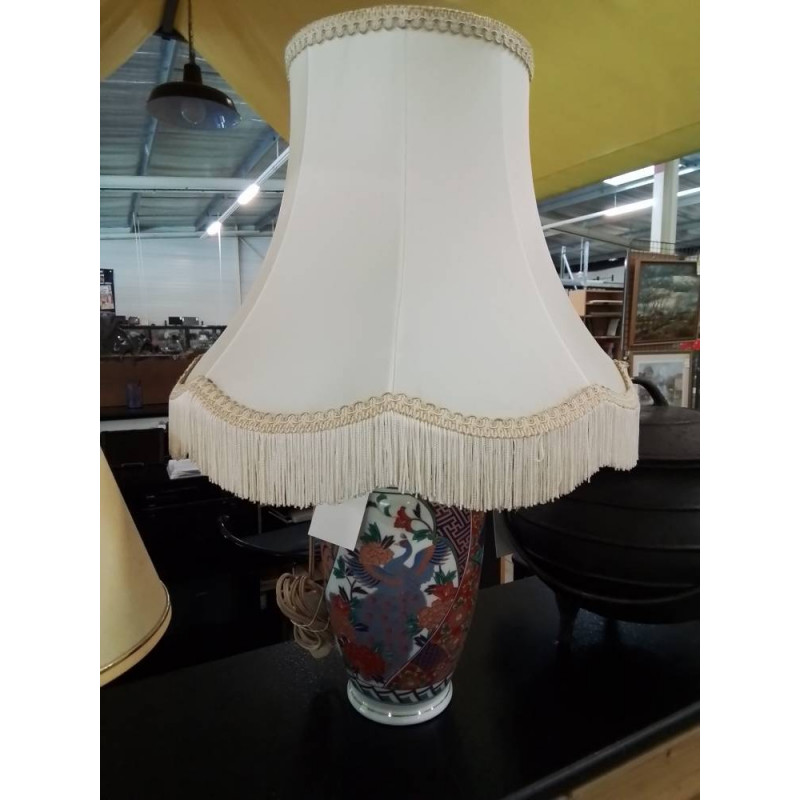 LAMPE CÉRAMIQUE AU PAON AJ VOLANT A FRANGES STYLE ASIATIQUE 