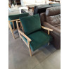 FAUTEUIL BOIS CLAIR ASSISE ET DOSSIER CAPITONNÉ TISSU VERT EN L\'ÉTAT 