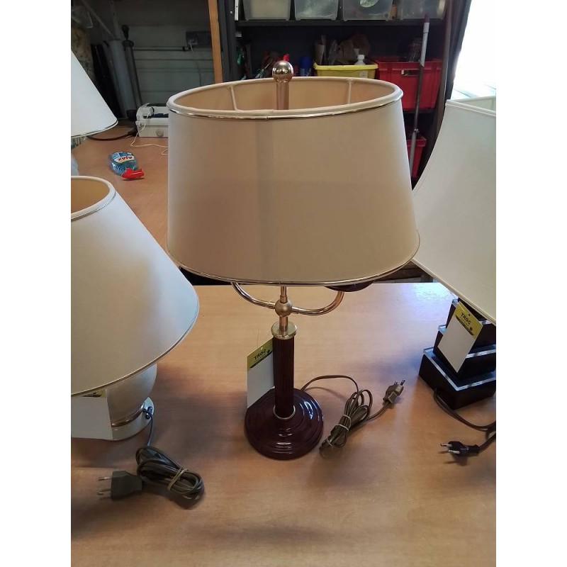 LAMPE COLONNE RESINE GRENAT ET LAITON AJ ECRU LISERÉ DORÉ 2 FEUX 