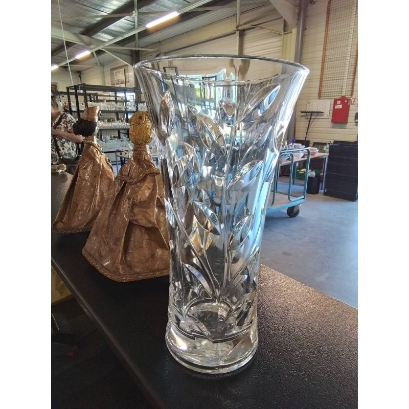 VASE CRISTAL GRAVÉ AUX FEUILLES 30CM