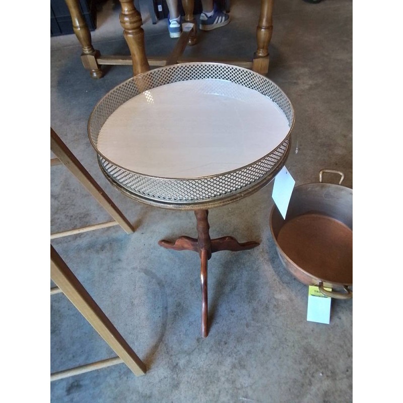 GUERIDON ROND A GALERIE PIÈTEMENT BOIS TRIPODE DESSUS MARBRE BLANC