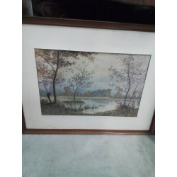 GRAVURE PAYSAGE BORD DE LAC