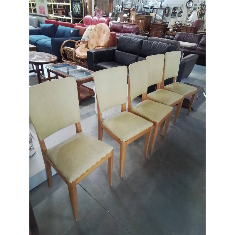 5 CHAISE BOIS CLAIR ASSISE ET DOSSIER CAPITONNÉ SKAÏ VERT ANNÉES 50