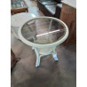 TABLE BASSE RONDE BOIS PEINT ECRU DESSUS PLATEAU VERRE
