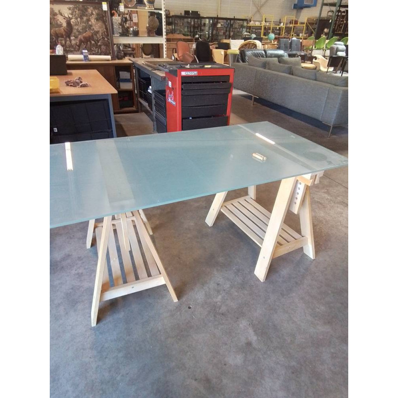 BUREAU RECTANGULAIRE SUR TRÉTEAUX BOIS CPAIR PLATEAU VERRE