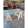 BUREAU RECTANGULAIRE SUR TRÉTEAUX BOIS CPAIR PLATEAU VERRE