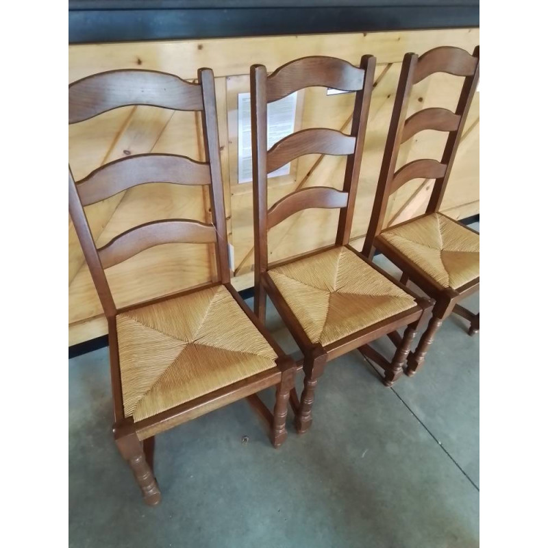 3 CHAISES BOIS CLAIR PAILLÉ A ENTRETOISE DOSSIER 3 BARREAUX CINTRÉ PIEDS BALUSTRE 
