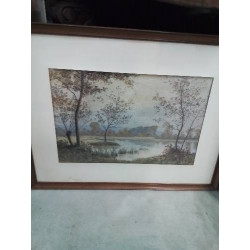 GRAVURE PAYSAGE BORD DE LAC